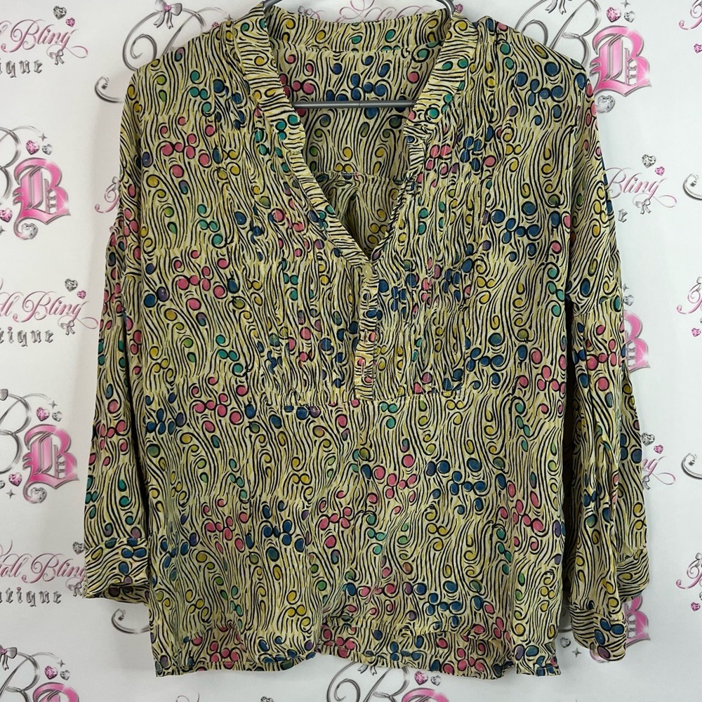 Long sleeve 100% silk top swirls Chic Multicolor Blouse with Abstract Pattern